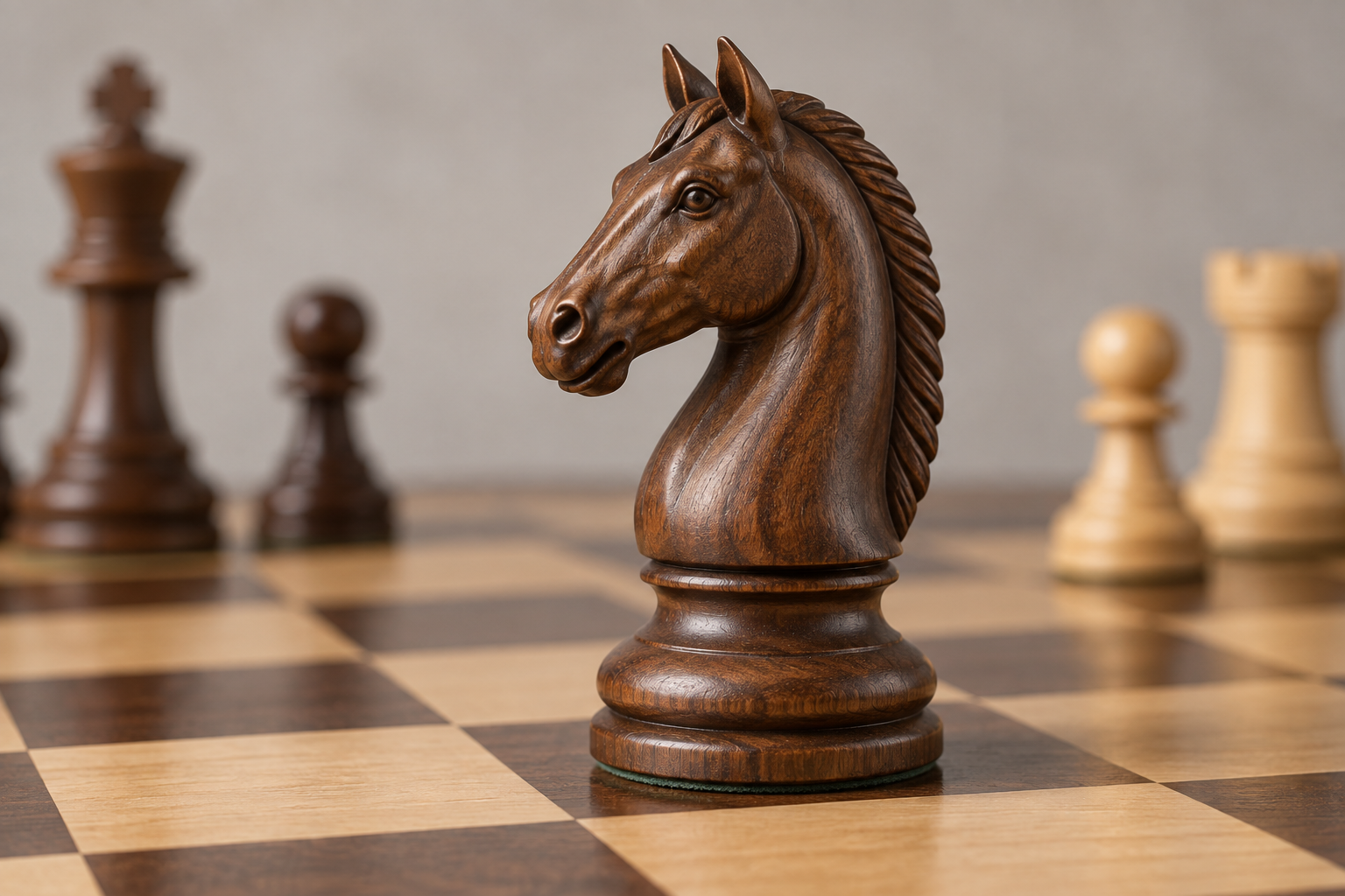 A carved walnut horse-head chess knight standing on a wooden chessboard