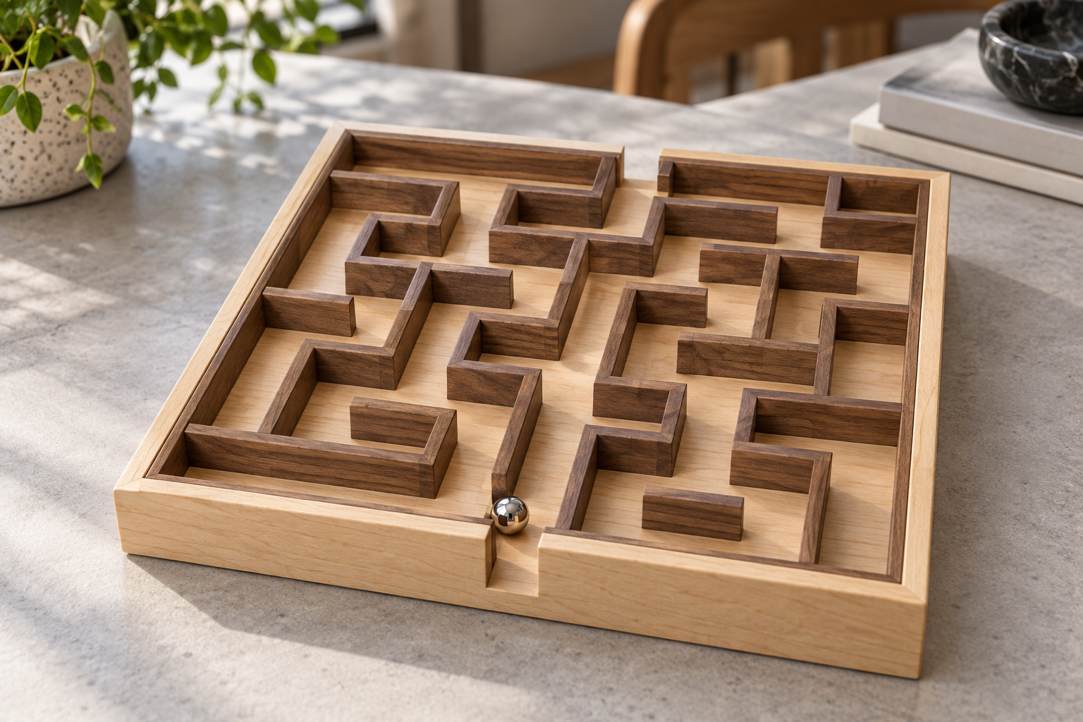 A square wooden maze with clear branching corridors and a steel ball at its entrance
