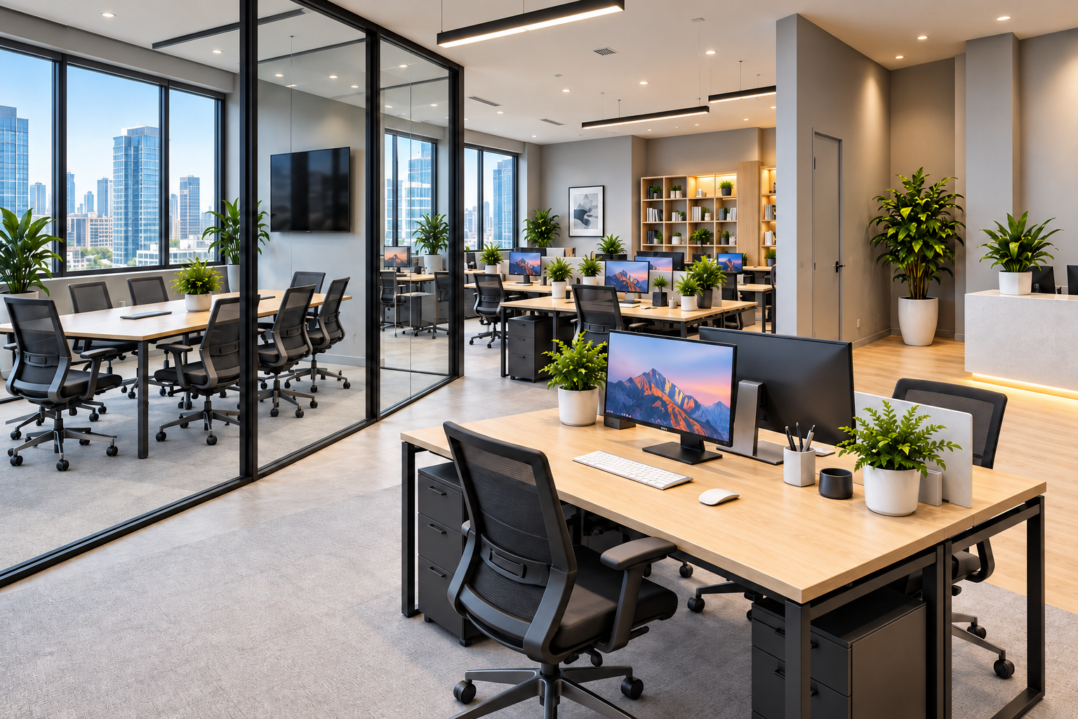 Realistic office concept showing workstations beside a glass meeting room